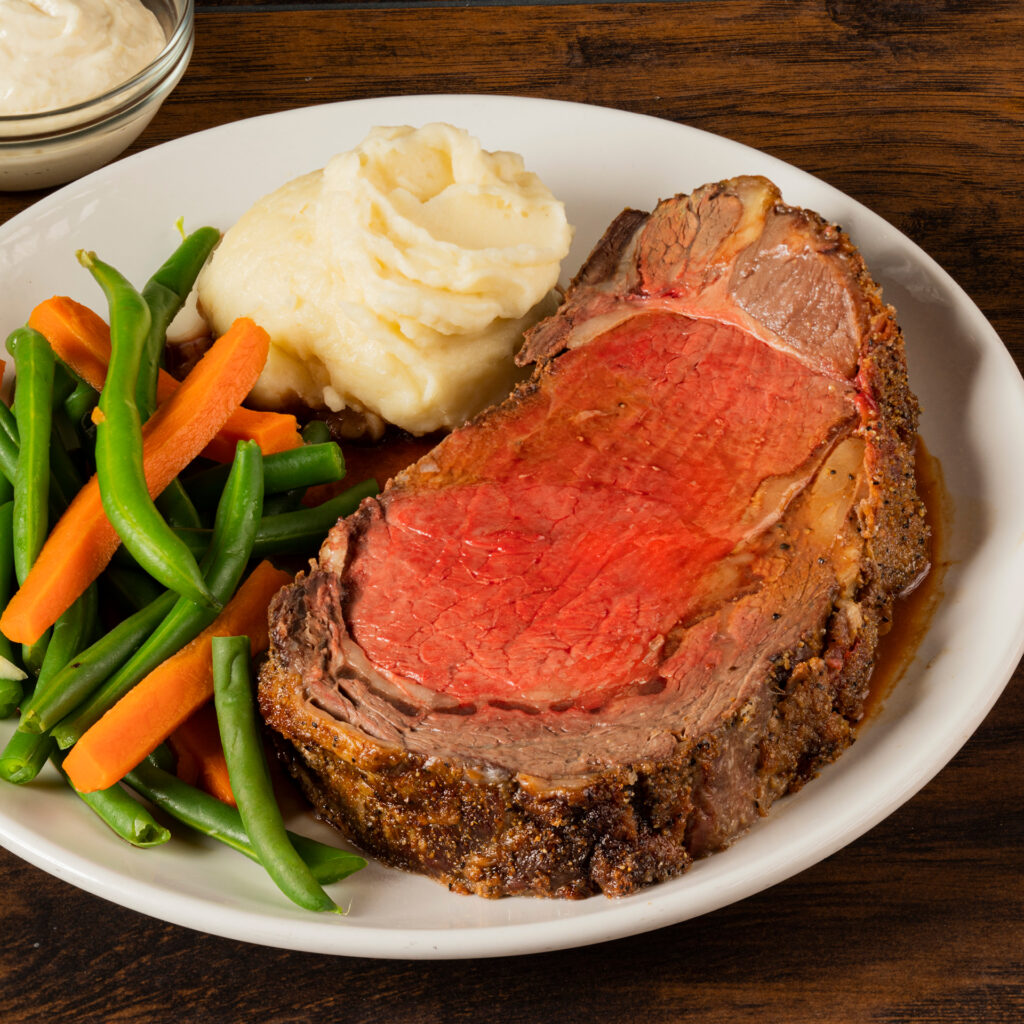 Prime Rib from Planet Hollywood with vegetables and mashed potatoes